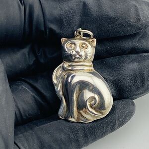 Vintage Puffy Kitty Cat Sterling Silver Pendant 1 1/4" Tall Adorable